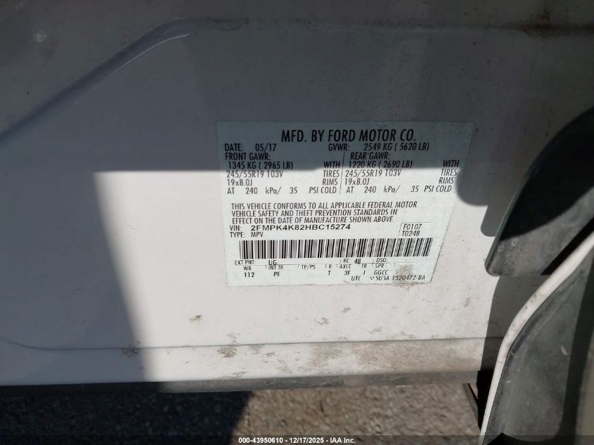 2017 Ford Edge Titanium VIN: 2FMPK4K82HBC15274 Lot: 43950610