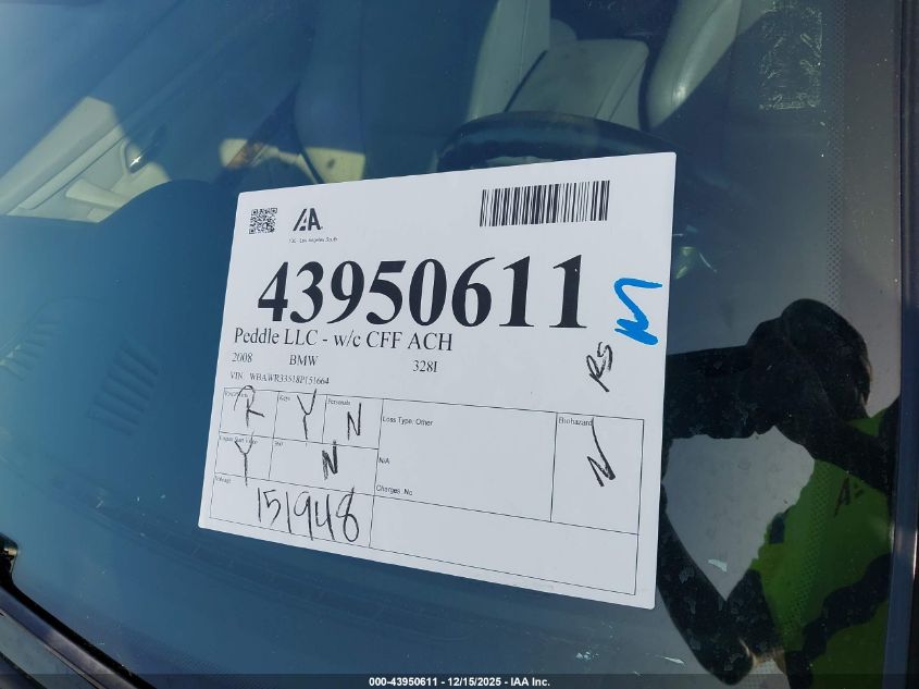 2008 BMW 328I VIN: WBAWR33518P151664 Lot: 43950611