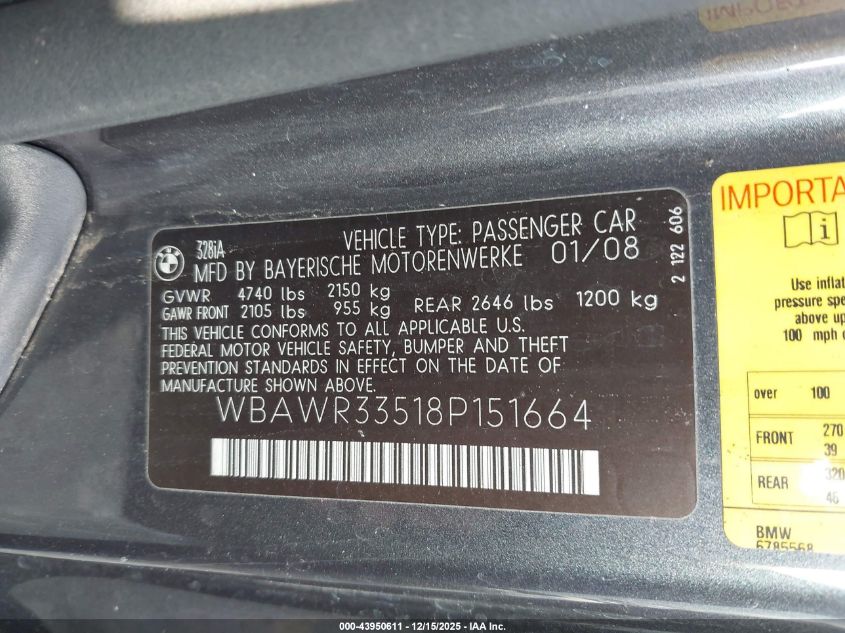 2008 BMW 328I VIN: WBAWR33518P151664 Lot: 43950611