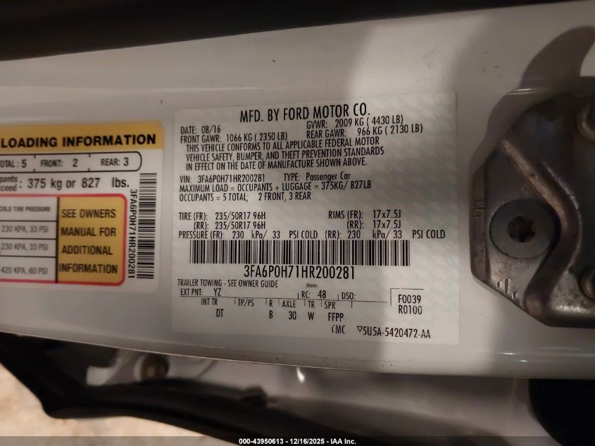 2017 Ford Fusion Se VIN: 3FA6P0H71HR200281 Lot: 43950613