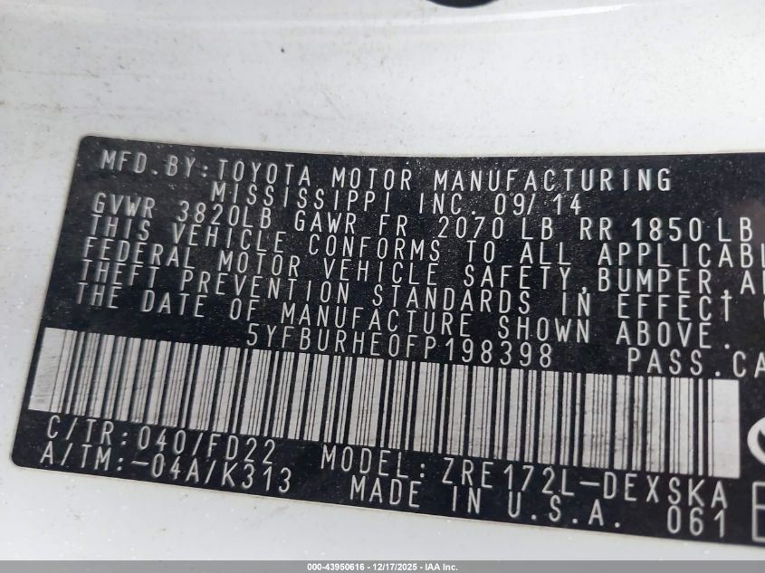 2015 Toyota Corolla S Plus VIN: 5YFBURHE0FP198398 Lot: 43950616