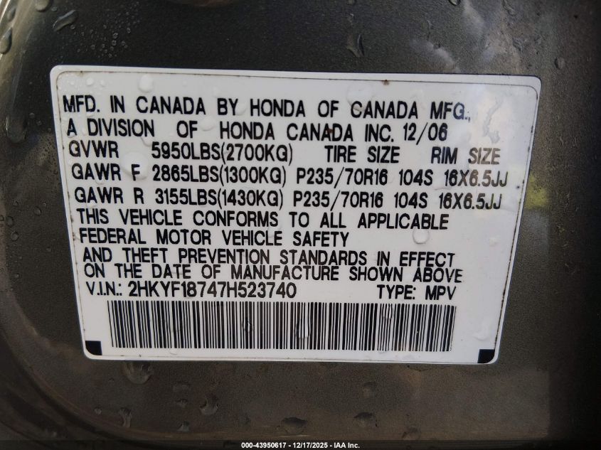 2007 Honda Pilot Ex-L VIN: 2HKYF18747H523740 Lot: 43950617