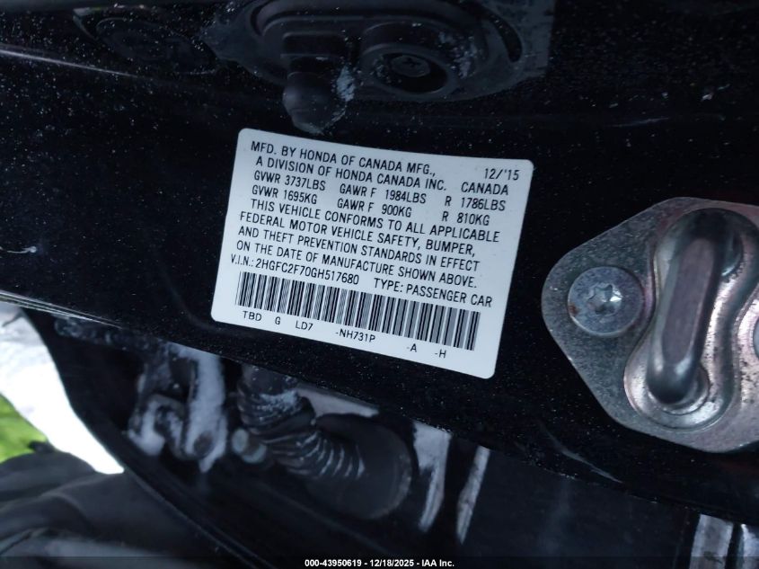 2016 Honda Civic Ex VIN: 2HGFC2F70GH517680 Lot: 43950619