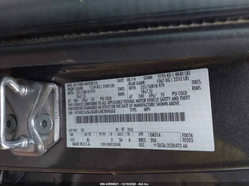 2014 Ford Escape Titanium VIN: 1FMCU9J92EUE50022 Lot: 43950621