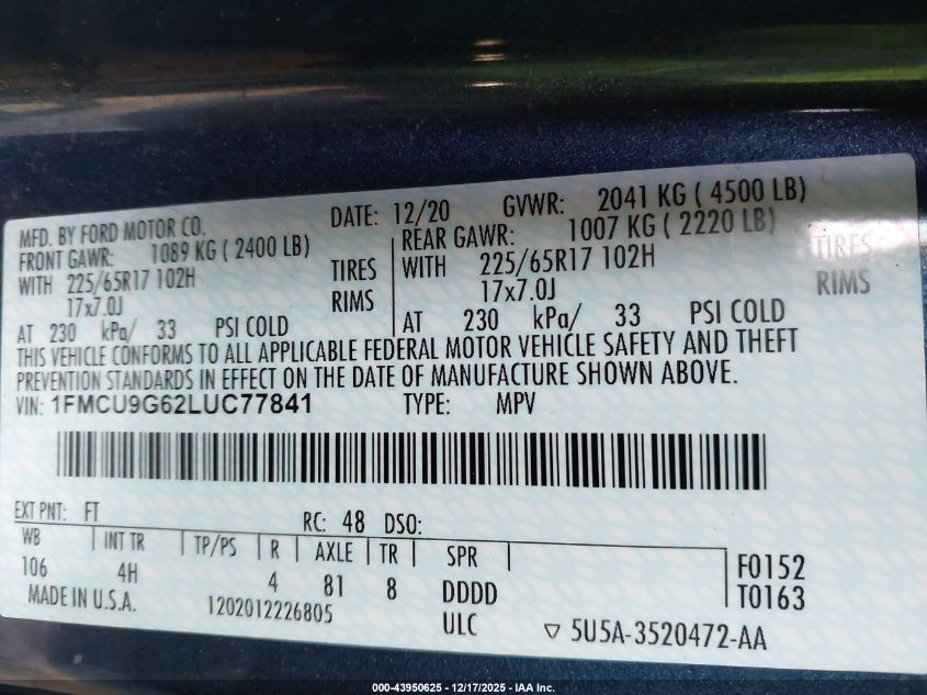 2020 Ford Escape Se VIN: 1FMCU9G62LUC77841 Lot: 43950625