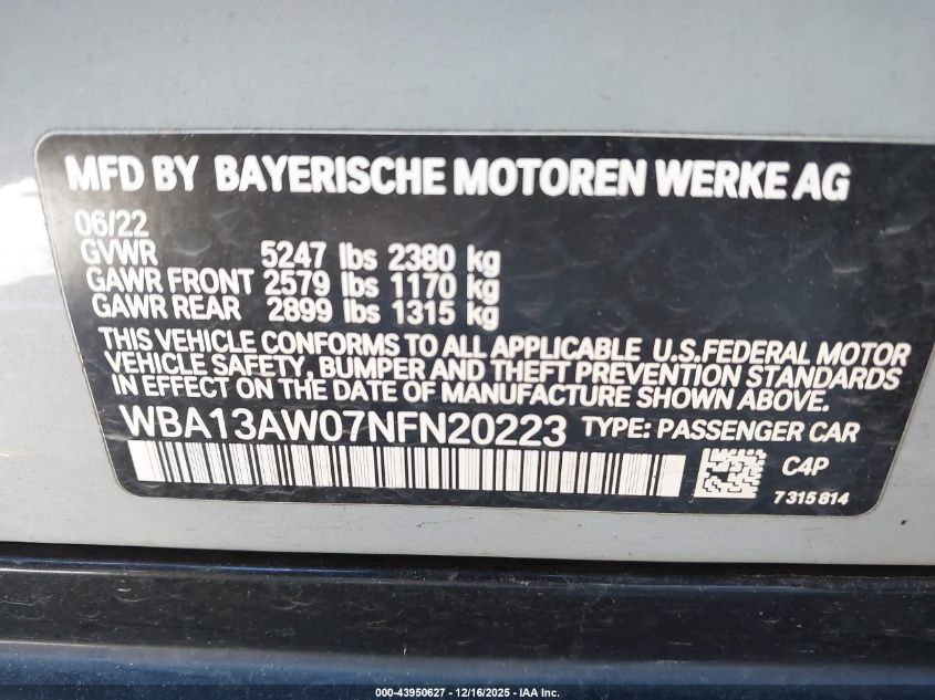 2022 BMW M440I Gran Coupe xDrive VIN: WBA13AW07NFN20223 Lot: 43950627