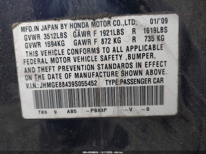 2009 Honda Fit Sport VIN: JHMGE88439S055452 Lot: 43950635