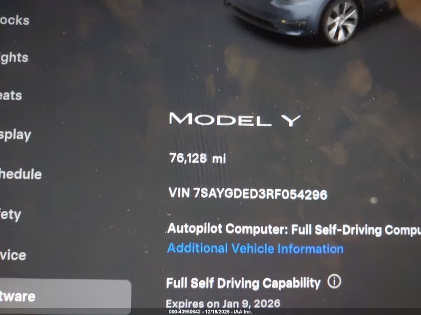 2024 Tesla Model Y Long Range Dual Motor All-Wheel Drive/Rwd VIN: 7SAYGDED3RF054296 Lot: 43950642