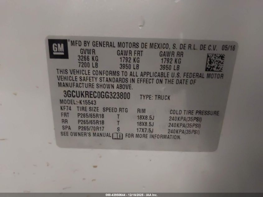 2016 Chevrolet Silverado 1500 1Lt VIN: 3GCUKREC0GG323800 Lot: 43950644