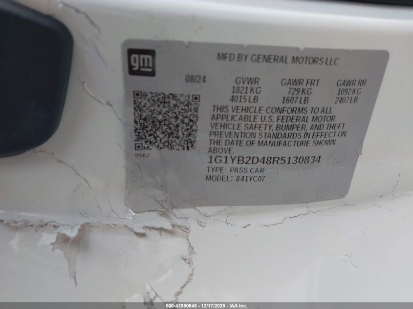 2024 Chevrolet Corvette Stingray Rwd 2Lt VIN: 1G1YB2D48R5130834 Lot: 43950645