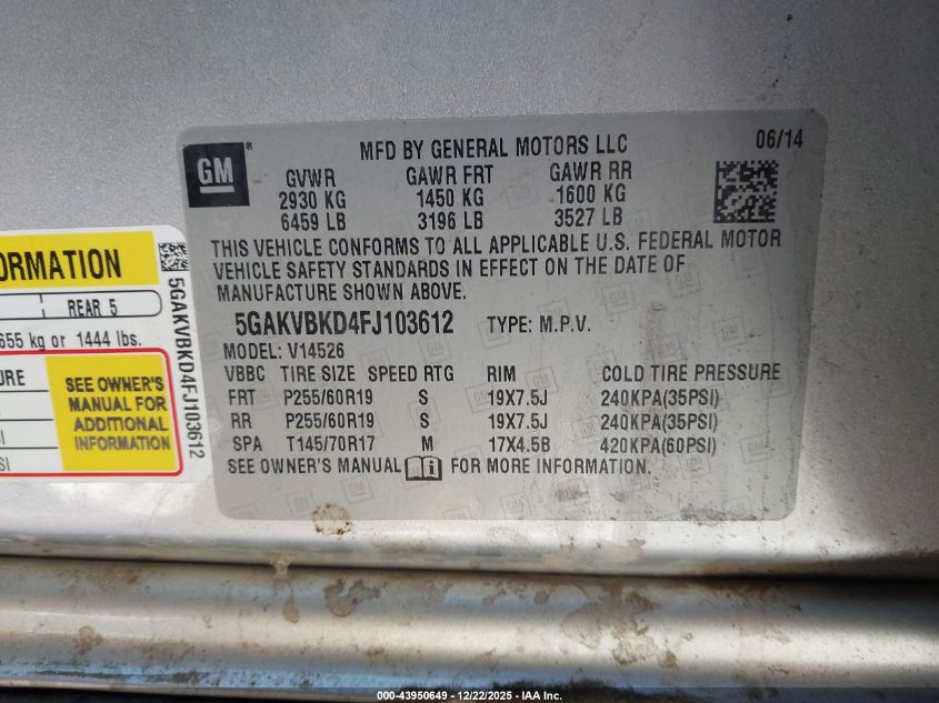 2015 Buick Enclave Leather VIN: 5GAKVBKD4FJ103612 Lot: 43950649