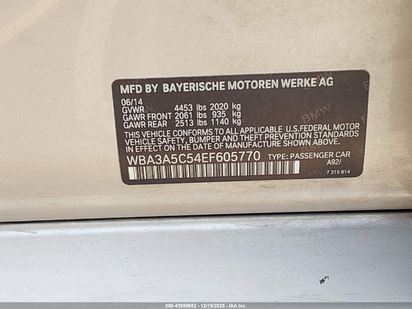 2014 BMW 328I VIN: WBA3A5C54EF605770 Lot: 43950652