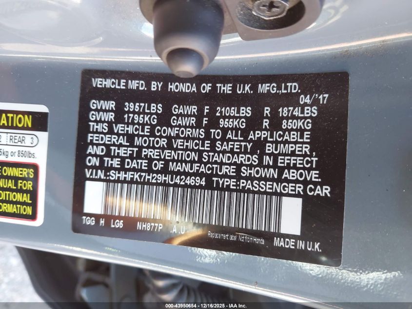 2017 Honda Civic Lx VIN: SHHFK7H29HU424694 Lot: 43950654