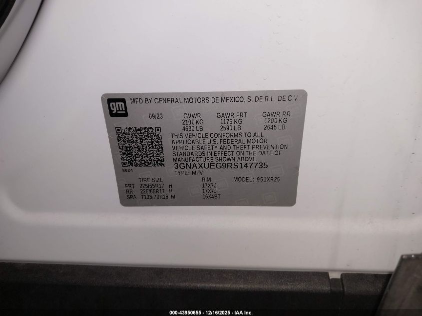 2024 Chevrolet Equinox Awd Lt VIN: 3GNAXUEG9RS147735 Lot: 43950655