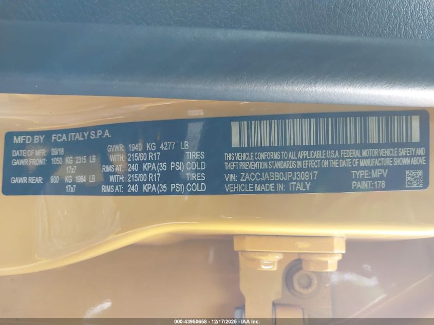 2018 Jeep Renegade Latitude Fwd VIN: ZACCJABB0JPJ30917 Lot: 43950658