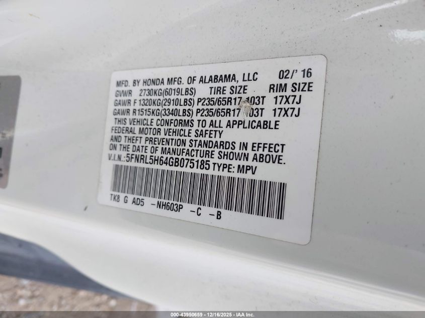 2016 Honda Odyssey Ex-L VIN: 5FNRL5H64GB075185 Lot: 43950659