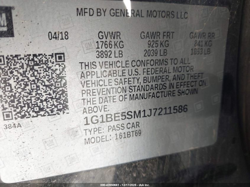 2018 Chevrolet Cruze Lt Auto VIN: 1G1BE5SM1J7211586 Lot: 43950661