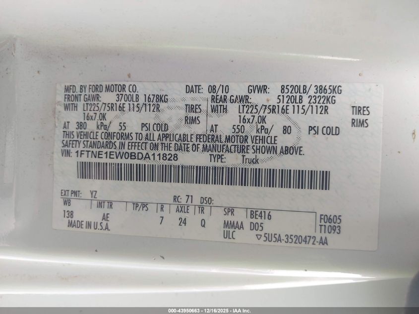 2011 Ford E-150 Commercial VIN: 1FTNE1EW0BDA11828 Lot: 43950663
