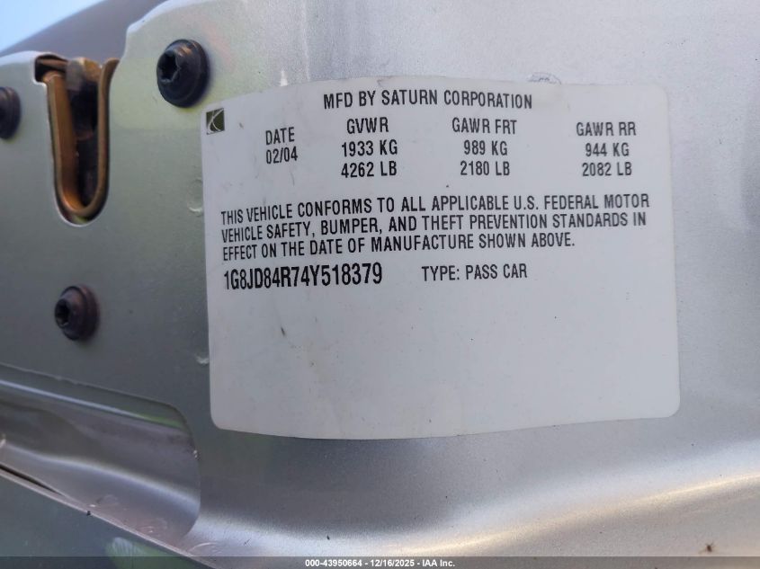 2004 Saturn L300 2 VIN: 1G8JD84R74Y518379 Lot: 43950664