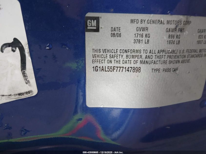 2007 Chevrolet Cobalt Lt VIN: 1G1AL55F777147898 Lot: 43950665