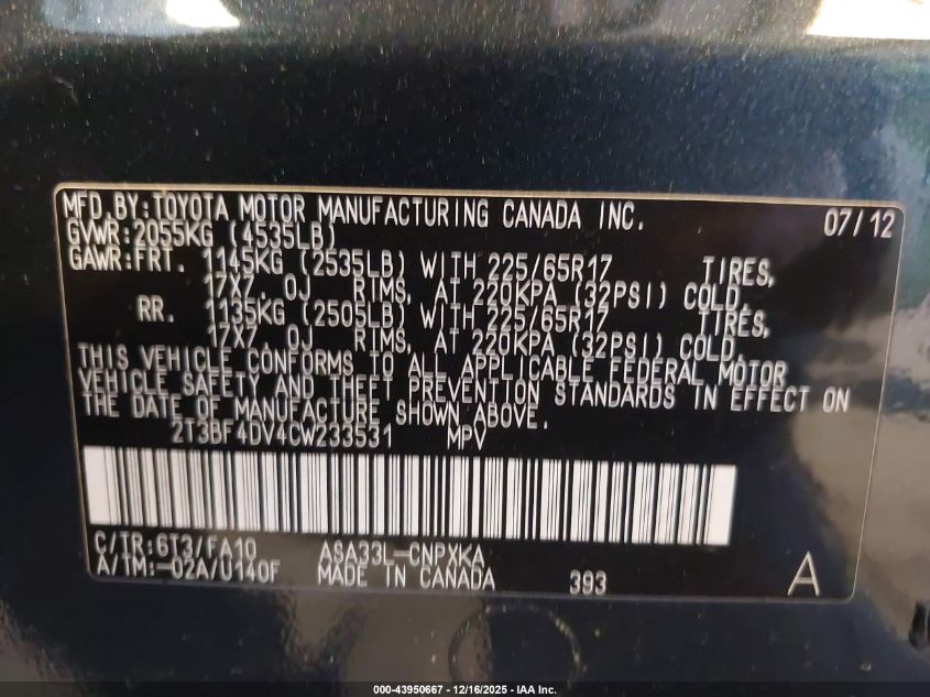 2012 Toyota Rav4 VIN: 2T3BF4DV4CW233531 Lot: 43950667