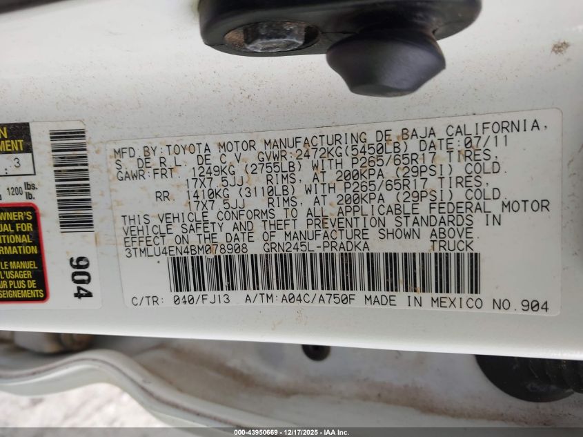 2011 Toyota Tacoma Base V6 VIN: 3TMLU4EN4BM078908 Lot: 43950669