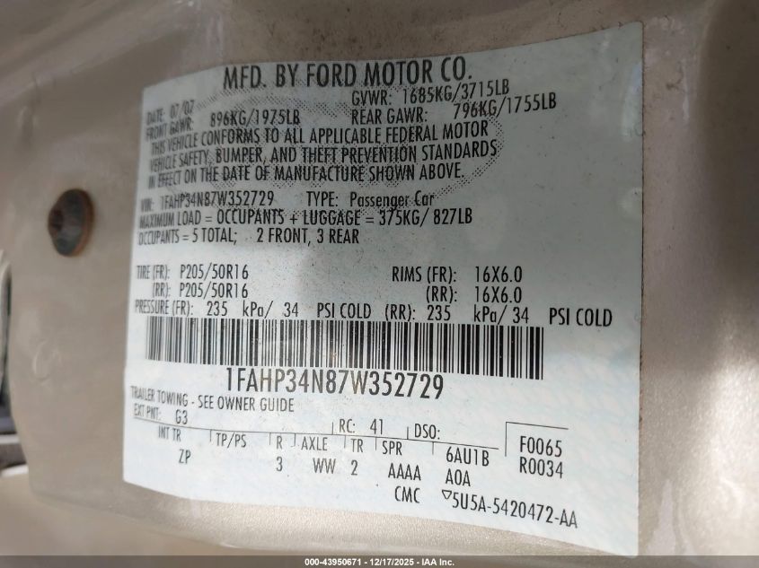 2007 Ford Focus S/Se/Ses VIN: 1FAHP34N87W352729 Lot: 43950671