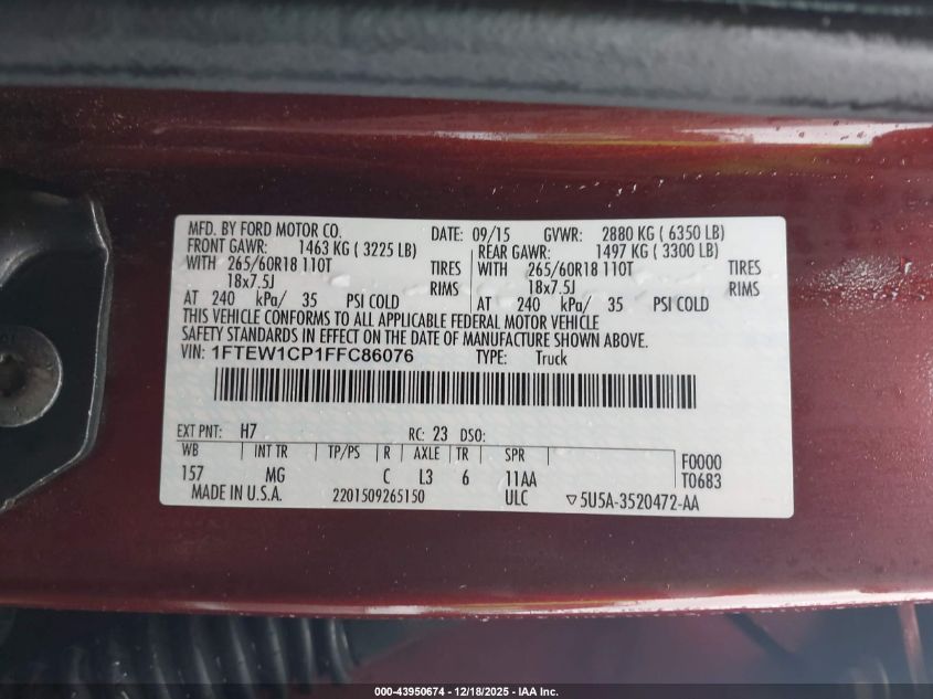 2015 Ford F-150 Xlt VIN: 1FTEW1CP1FFC86076 Lot: 43950674