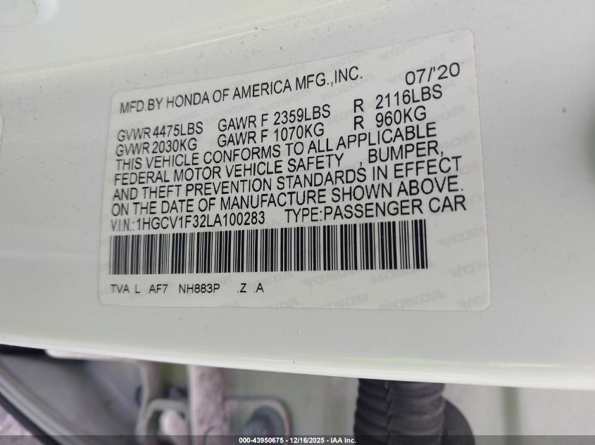 2020 Honda Accord Sport VIN: 1HGCV1F32LA100283 Lot: 43950675