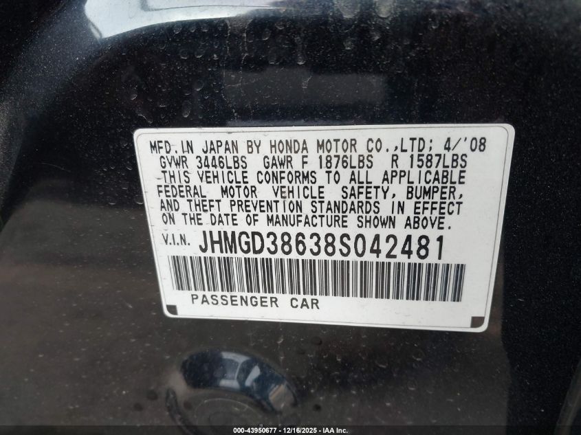 2008 Honda Fit Sport VIN: JHMGD38638S042481 Lot: 43950677