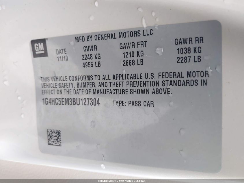 2011 Buick Lucerne Cxl VIN: 1G4HC5EM3BU127304 Lot: 43950678