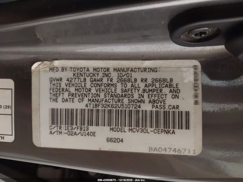 2002 Toyota Camry Le V6 VIN: 4T1BF32K62U510724 Lot: 43950679