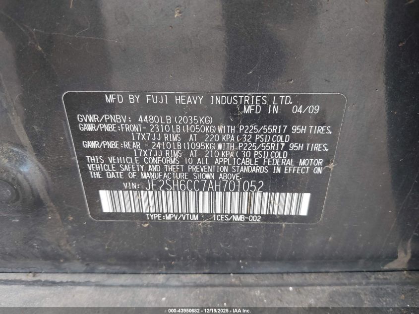 2010 Subaru Forester 2.5X Premium VIN: JF2SH6CC7AH701052 Lot: 43950682