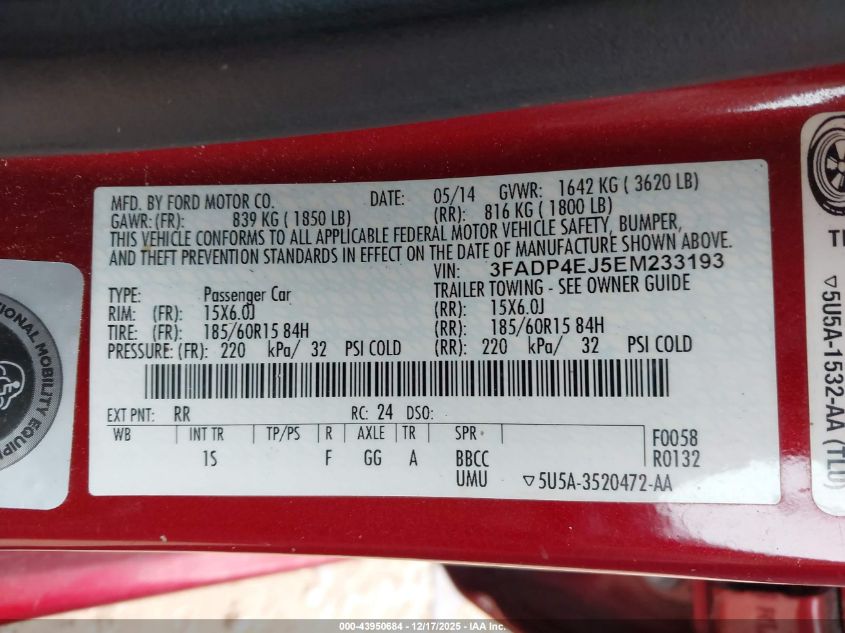 2014 Ford Fiesta Se VIN: 3FADP4EJ5EM233193 Lot: 43950684