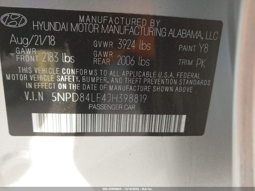 2018 Hyundai Elantra Sel VIN: 5NPD84LF4JH398819 Lot: 43950685