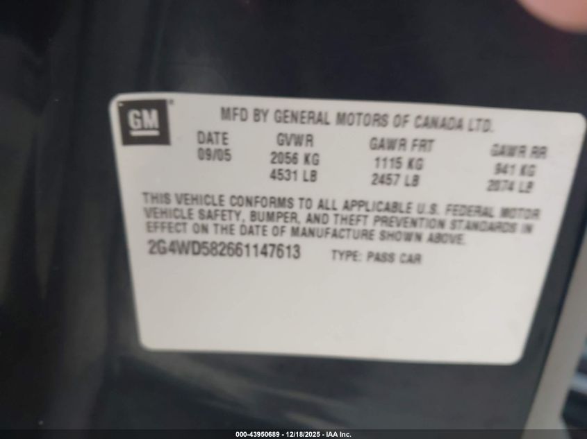 2006 Buick Lacrosse Cxl VIN: 2G4WD582661147613 Lot: 43950689