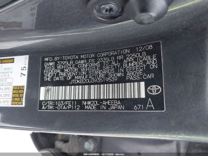 2009 Toyota Prius VIN: JTDKB20U393519539 Lot: 43950690