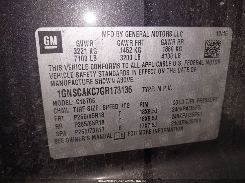 2016 Chevrolet Tahoe Ls VIN: 1GNSCAKC7GR173136 Lot: 43950691