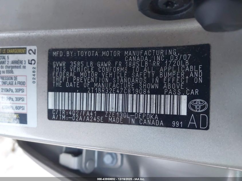 2007 Toyota Corolla Ce VIN: 2T1BR32E47C819084 Lot: 43950692