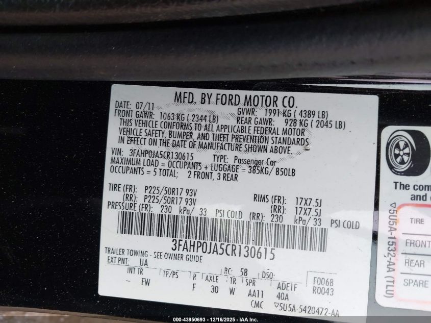 2012 Ford Fusion Sel VIN: 3FAHP0JA5CR130615 Lot: 43950693