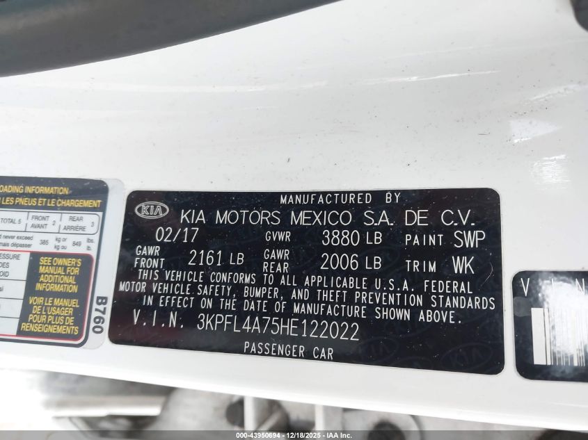 2017 Kia Forte Lx VIN: 3KPFL4A75HE122022 Lot: 43950694