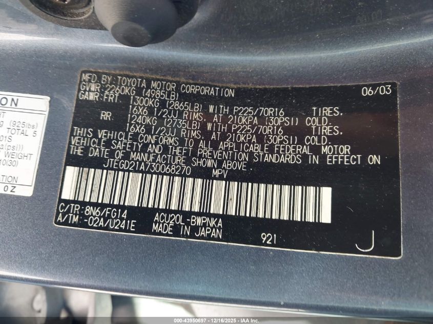 2003 Toyota Highlander VIN: JTEGD21A730068270 Lot: 43950697