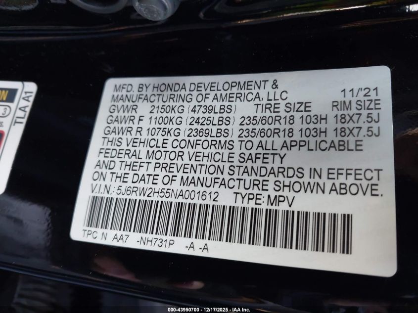 2022 Honda Cr-V Awd Ex VIN: 5J6RW2H55NA001612 Lot: 43950700