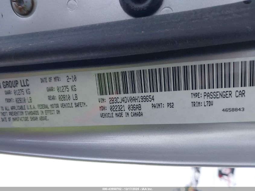 2010 Dodge Challenger Se VIN: 2B3CJ4DV0AH199654 Lot: 43950702