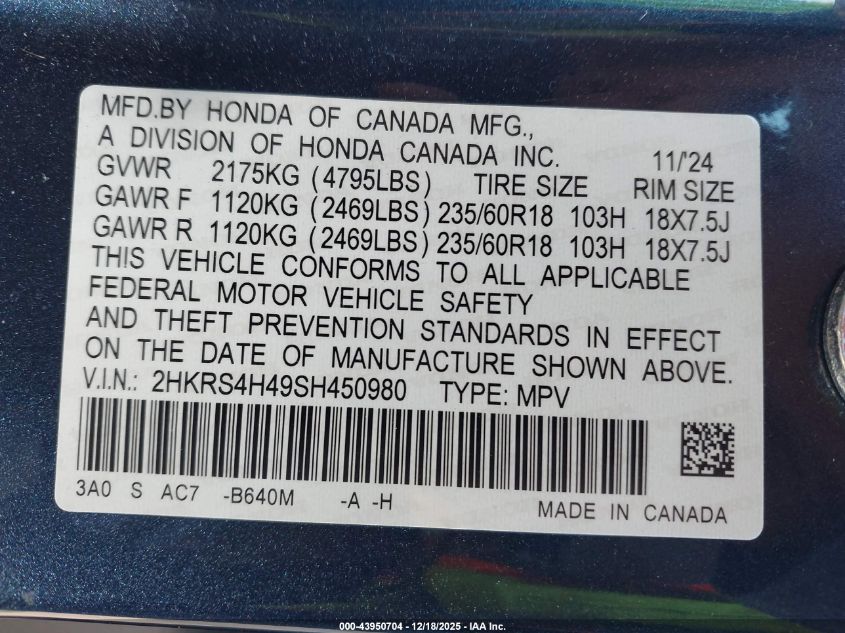 2025 Honda Cr-V Ex Awd VIN: 2HKRS4H49SH450980 Lot: 43950704