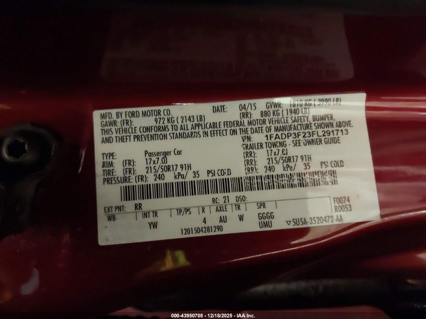 2015 Ford Focus Se VIN: 1FADP3F23FL291713 Lot: 43950708