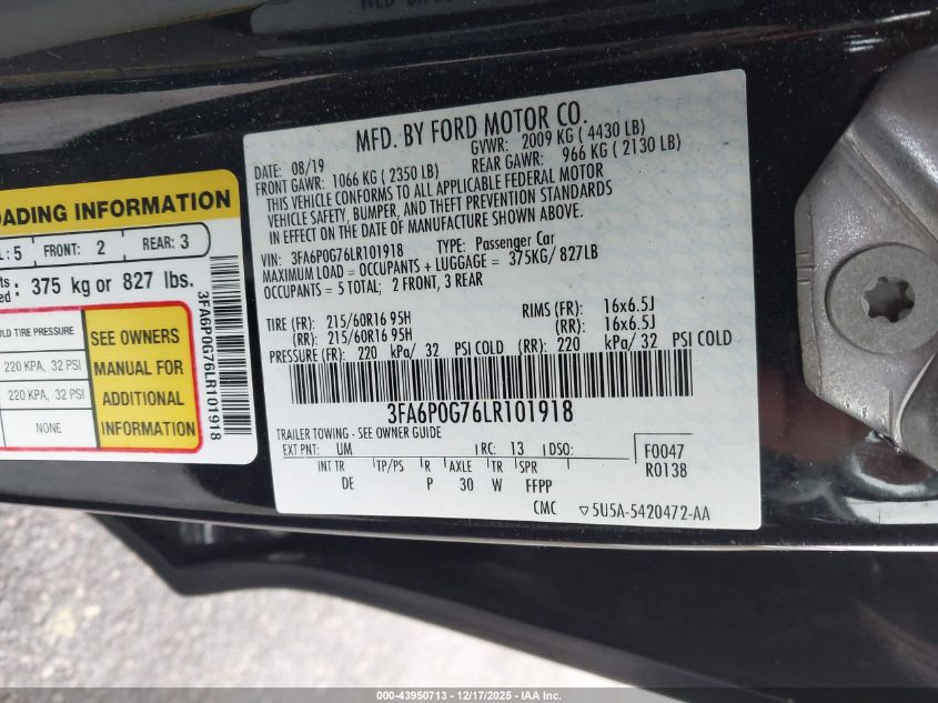 2020 Ford Fusion S VIN: 3FA6P0G76LR101918 Lot: 43950713