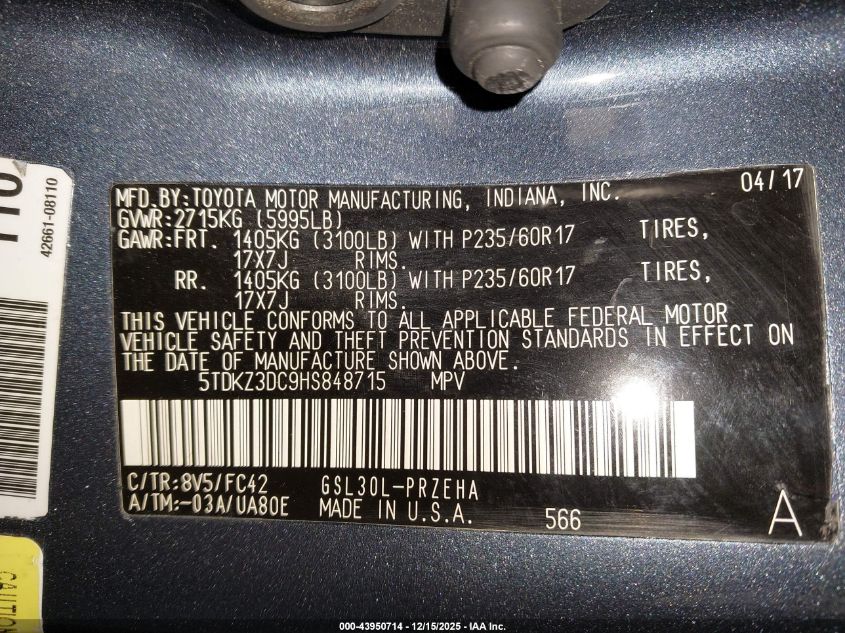 2017 Toyota Sienna Le 8 Passenger VIN: 5TDKZ3DC9HS848715 Lot: 43950714