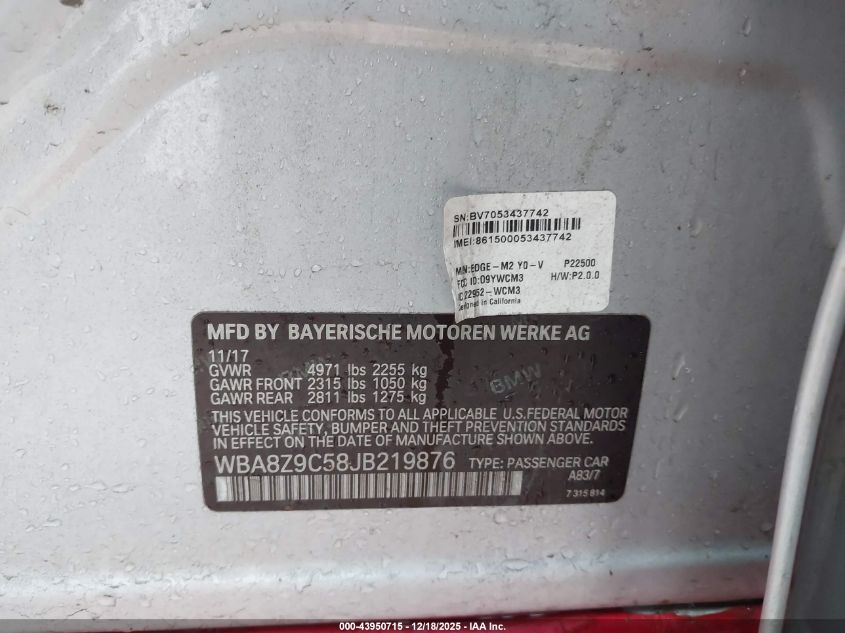 2018 BMW 330I Gran Turismo xDrive VIN: WBA8Z9C58JB219876 Lot: 43950715