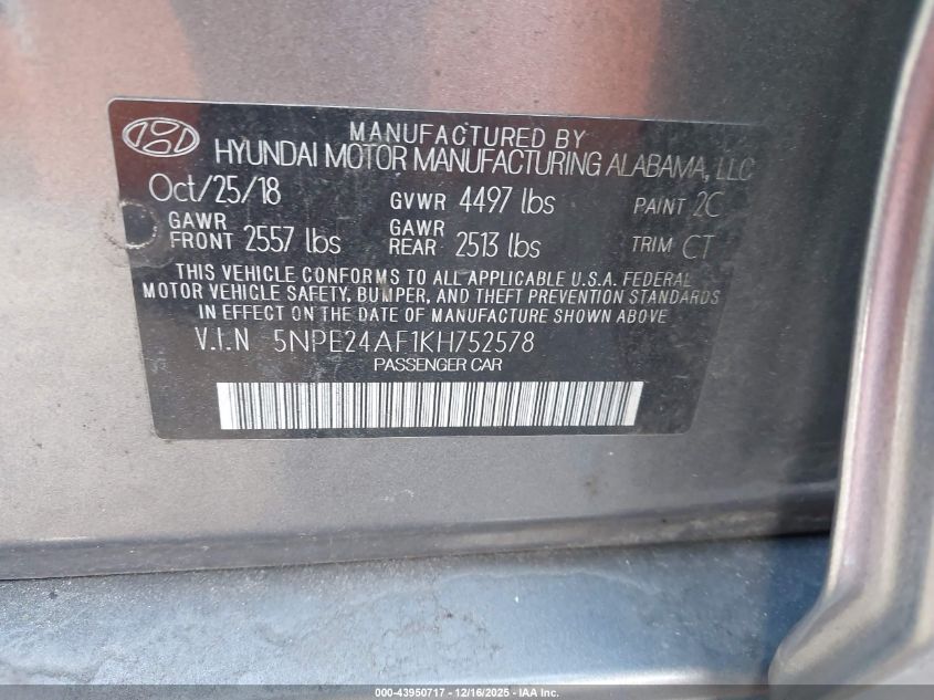 2019 Hyundai Sonata Se VIN: 5NPE24AF1KH752578 Lot: 43950717
